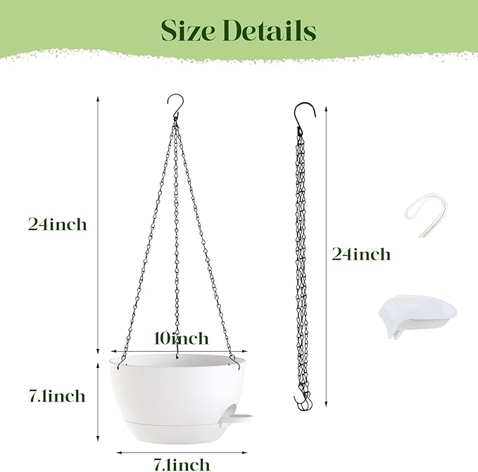 2 Pack 10 Inch Self Watering Hanging Planters for Indoor Plants, Large White Plastic Hanging Pots with Chains for Outdoor Patio Garden Home Decor (White)
