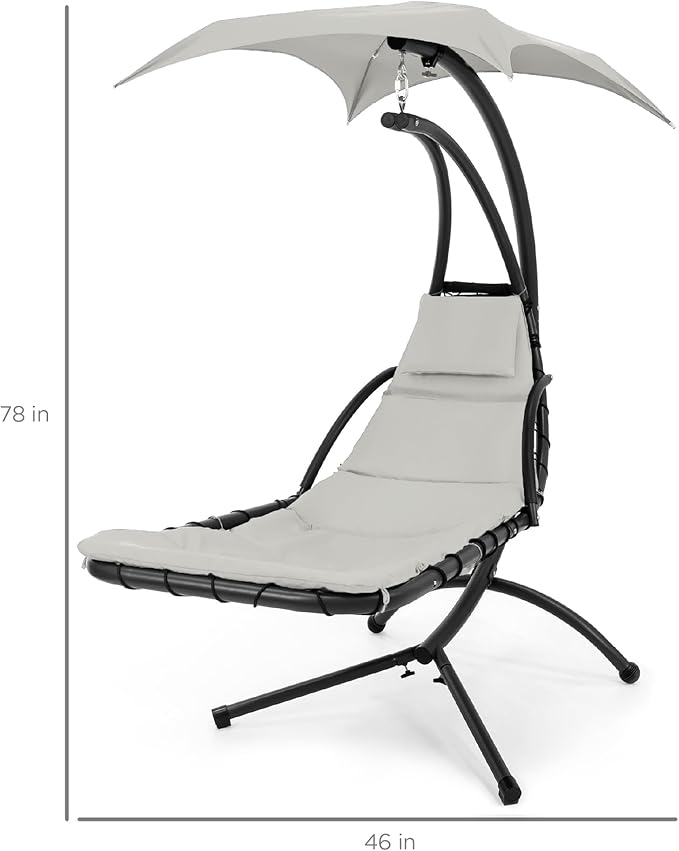 Best Choice Products Outdoor Hanging Curved Steel Chaise Lounge Chair Swing w/Built-in Pillow and Removable Canopy - White Sand