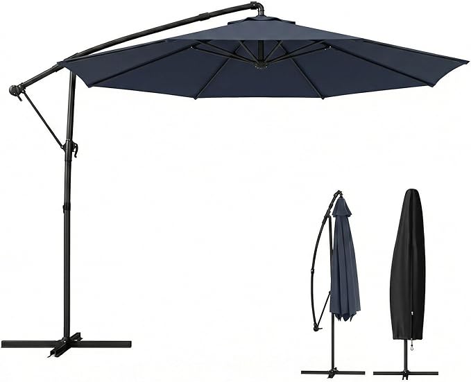 Outsunny 10 ft Offset Patio Umbrella with Cover, Round Hanging Cantilever Umbrella with 6-Position 360° Rotation, Crank Handle, Tilt, Cross Base, Heavy Duty Outdoor Umbrella for Garden