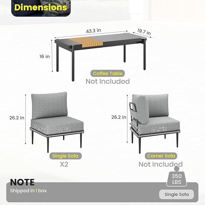 Sundale Outdoor 2 Pieces Patio Sofa Set, Metal Outdoor Sectional Loveseat with 6 Inch Olefin Cushion, All-Weather Modern Patio Chair Sets for Porch, Balcony