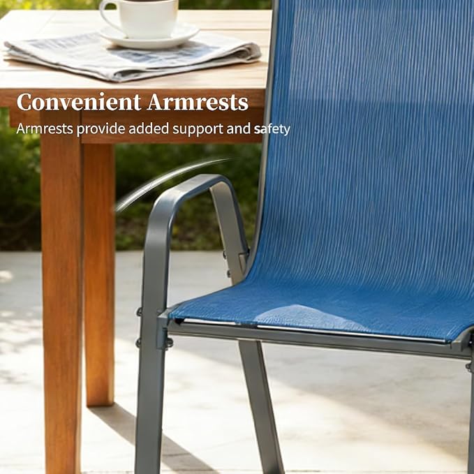 MAMIZO Patio Dining Chairs, Stackable All Weather Teslin Chair, Heavy Duty Outdoor Breathable Chairs Set, w/Armrests, Upgraded Chair FeetW/Strenthened Iron Spacers, 330 LBS (6, Navy Blue)