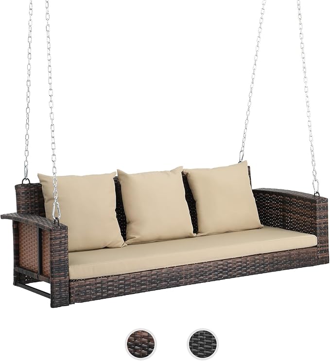 VINGLI Heavy Duty 800 LBS Wicker Hanging Porch Swing with Cushions & Chains, 5FT Outdoor Rattan Swing Bench for Garden, Yard, Lawn (Brown)