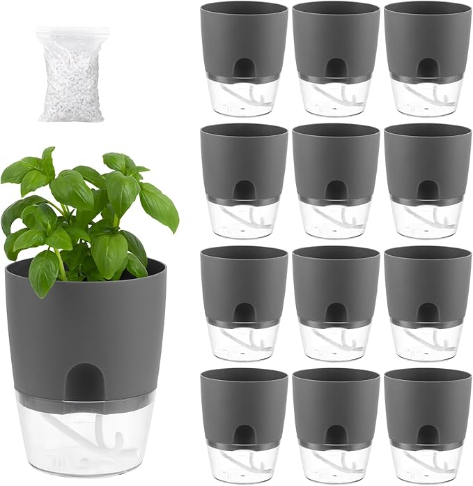 12 Pack Self Watering Pots for Indoor Plants, PlanterHoma 3.2 Inch Plant Pot Plastic Self Watering Planter for Orchid, African Violet, Mini Clear Flower Pots with Drainage Holes and Wicking Rope, Grey