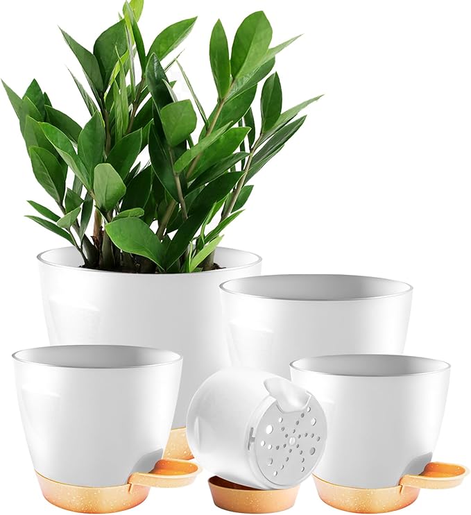 5-Pack Plant Pots with Drainage for Winter Care 7/6.5/6/5.5/5 Inch, Self Watering Pots for Indoor Plants, Planters for Indoor Outdoor Plants, Plastic Flower Pot, Planter for Indoor Outdoor (White)