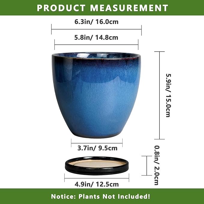 Ceramic Planters for Indoor Plants - 6.3 Inch Plant Pot with Drainage Hole and Saucer Round Modern Planter Home Garden Patio Decor Blue