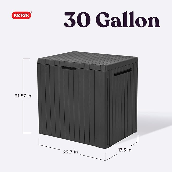Keter City 30 Gallon Resin Outdoor Storage Box & Patio Side Table for Balcony, Pool, Deck & Garden Accessories, Weather‑Resistant, Dark Grey
