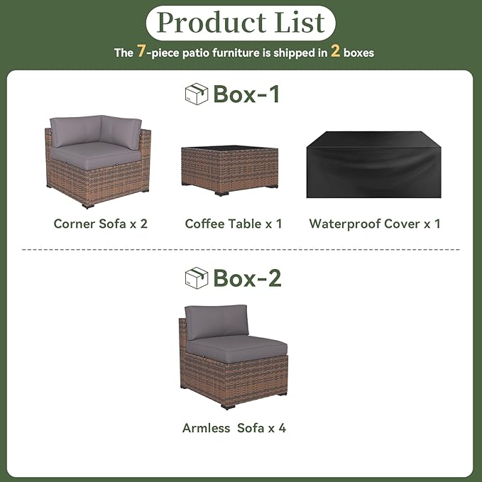 Aoxun 7 Piece Patio Furniture Set Wicker Rattan Patio Conversation Set Outdoor Sectional Sofa Set with Coffee Table and Thickened Cushions, Grey(Waterproof Cover Included)