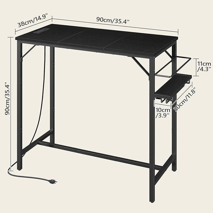 Bar Table, 35.4-Inch Counter Height Pub Table with Charging Station, Rectangular Dining Table with Wine Rack and Glass Holder, High Top Cocktail Tables, for Kitchen, Black（Only Table）