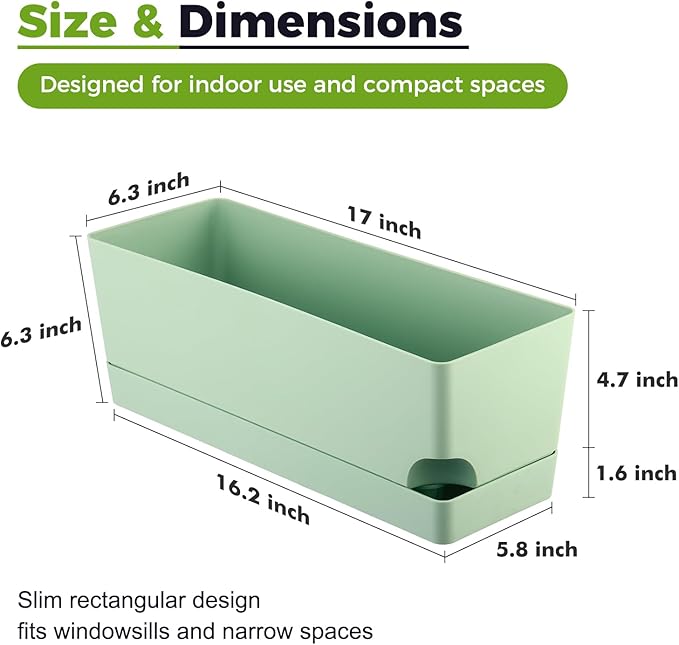 2 Pack Self Watering Pots for Indoor Plants 17 Inches Window Boxes Planters Rectangular Flower Pots Rectangle Herb Pots Large Plant Pots with Drainage Holes and Saucers Windowsill Planter, Green