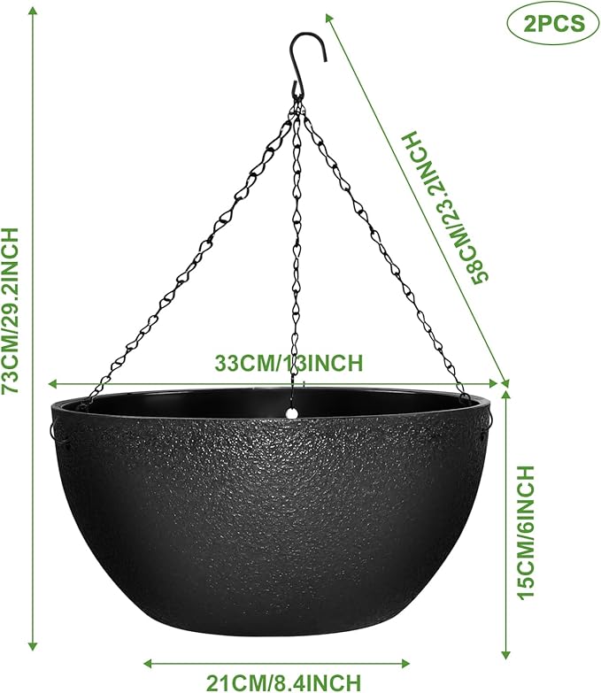 Enenes 13 Inch Large Hanging Planters 2 Pack, Plastic Plant Pots with Drainage Holes and Chains for Indoor or Outdoor Garden, Patio, Large Hanging Baskets