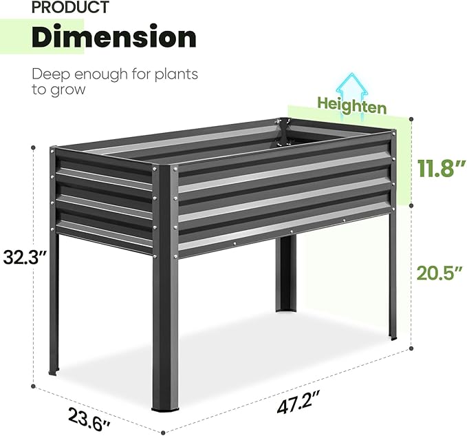 KING BIRD Raised Garden Bed with Irrigation System and Legs Galvanized Elevated Planter Box 48×24×31.5 in for Backyard, Patio, Balcony, 400lb Capacity, Dark Grey
