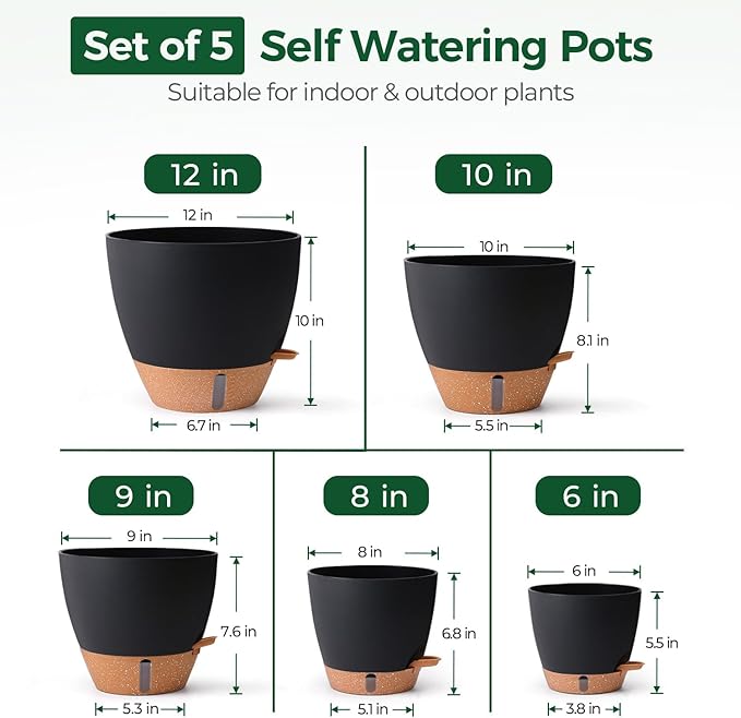 T4U 5 Pack Self Watering Pots (6"+8"+9"+10"+12") - Water Level Indicator & Deep Reservoir, Mess-Free Planters for Busy People, Beginners & Gardeners, Fit Most Plants, Indoor Outdoor Use (Black)