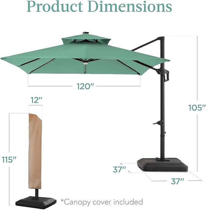 Best Choice Products 10x10ft Cantilever Patio Umbrella w/Base Included, Solar LED Lights 360 Rotation Large Offset Hanging Outdoor Shade for Deck Pool Backyard w/Stand – Seaglass