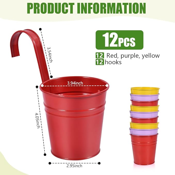 OBTANIM 12 Pack Metal Hanging Flower Pots Railing Planter Outdoor Fence Hanging Bucket Plant Holder with Detachable Hooks Drain Holes for Home Garden Yard Decor (Yellow Purple Red, 4 x 4 Inch)