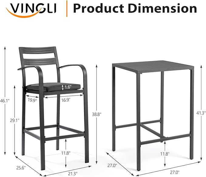 VINGLI 3-Piece Outdoor Bar Set, Aluminum Bar Height Table & 2 Chairs with Cushions, Outdoor Bistro Set for Patio, Backyard, Poolside, Garden(Gray)