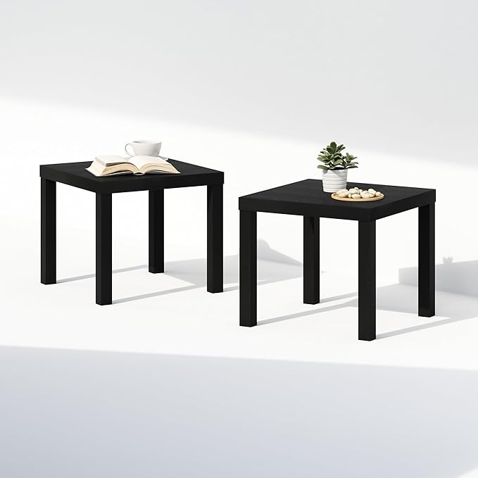 Furinno Classic Coffee Table Set of 2, Square Modern Coffee Table with Triple Thick Tabletop, Side Table with 4 Legs, for Living Room, Bedroom, Home Office, Black