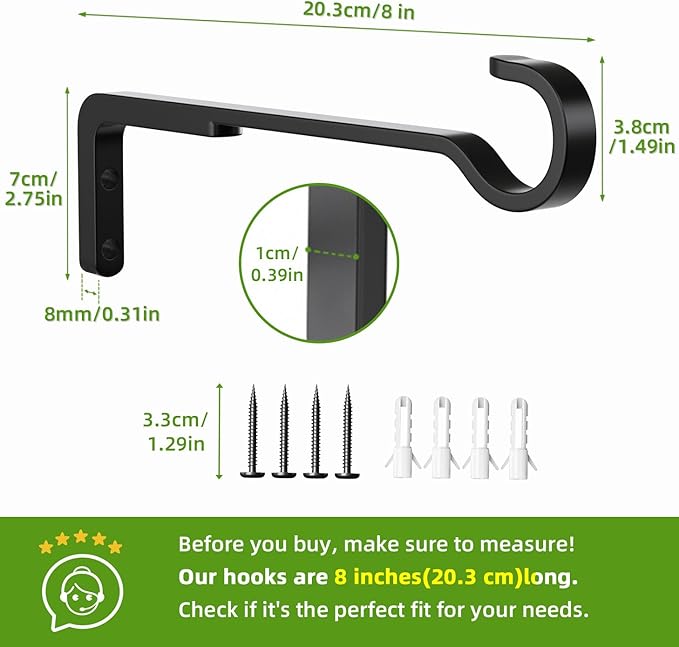 8 Inch 2 Pack Black Heavy Duty Outdoor Plant Hangers, Iron Hanging Plant Brackets for Hanging Plants Outside, Metal Plant Hooks Plant Wall Hooks for Hanging Lantern, Bird Feeder