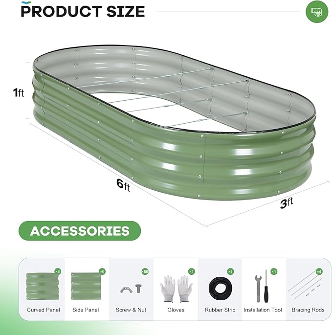 Galvanized Raised Garden Bed Outdoor, 6x3x1ft Oval Metal Raised Beds for Gardening, Rust-Resistant Garden Planter Box for Planting Vegetables, Flowers, Fruits in Lawn(Olive Green, 2 Packs)