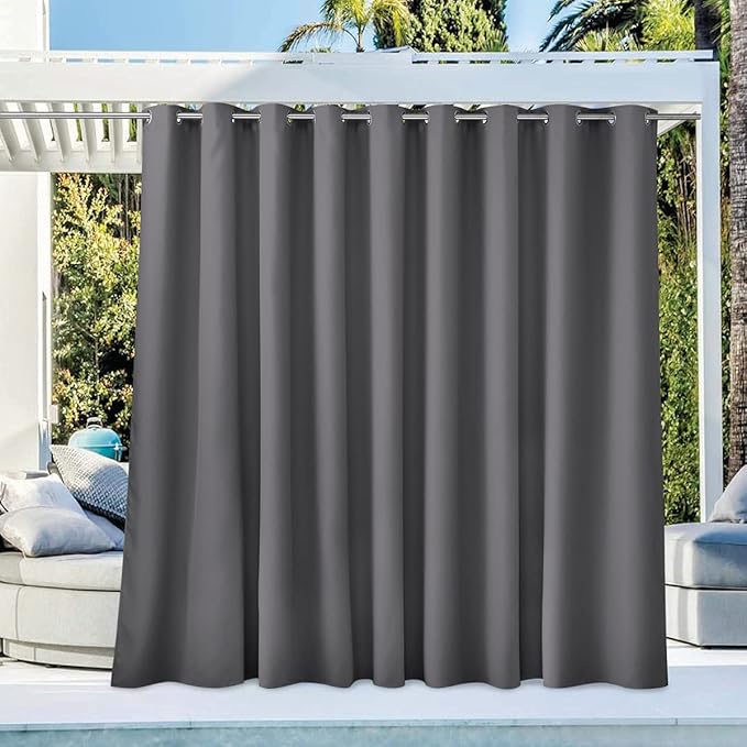 NICETOWN Patio Outdoor Curtain 140" Extra Wide Waterproof for Porch, Grommet Vertical Blinds Thermal Insulated Blackout Divider Drape for Outside Balcony/Lounge, Grey, 1 Panel, 84" Long