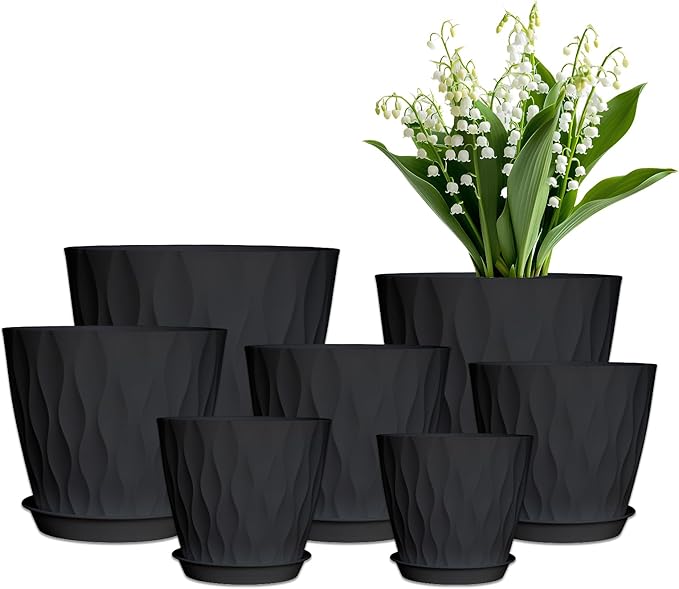 7/6.5/6/5.5/5/4.5/4 inch Plastic Plant Pots, 7 Pack Flower Planter for Indoor Outdoor Plant, Planters with Drainage Holes and Trays (Black)