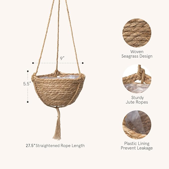 LA JOLIE MUSE Natural Seagrass Hanging Planter Basket Set,Indoor Plant Pots, Boho Decor Plant Pot Cover, 9 (D)*5.5(H) Inch, Pack 2