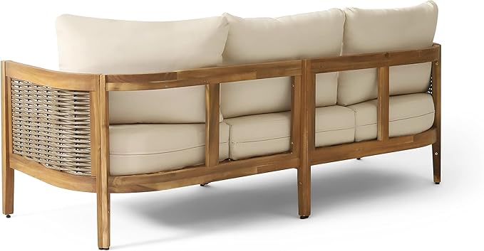 Merax 76.5" Outdoor Acacia Wood Wicker 3 Seater Sofa, Patio Furniture Couch for Backyard