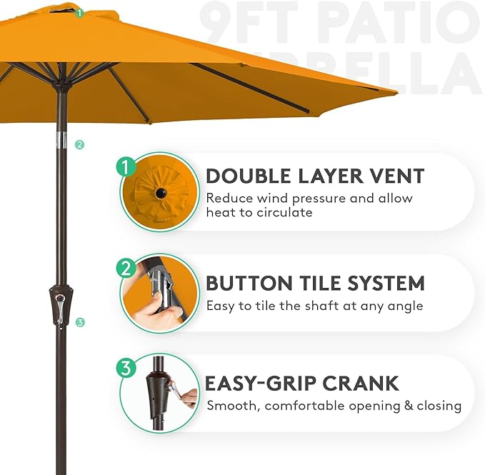 JEAREY 9FT Outdoor Patio Umbrella Outdoor Table Umbrellas with Push Button Tilt and Crank, Market Umbrella 8 Sturdy Ribs UV Protection Waterproof for Garden, Deck, Backyard, Pool (Sun Orange)