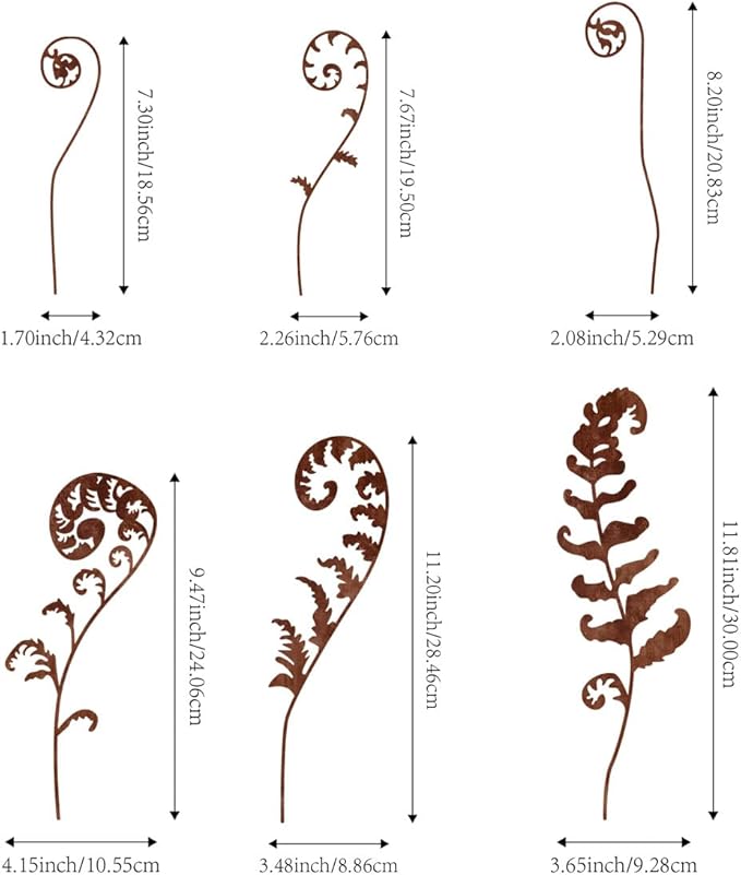 Metal Flowers for Outside,Set of 6 Fern Plants Garden Stakes Decorative Statues,Yard Art Outdoor Plant Decorations for Pots (Brown)
