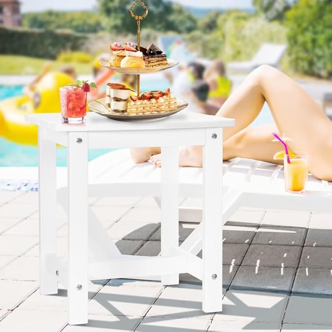 Y&M Outdoor Side Table, HIPS Adirondack Small Single Table, Waterproof Square Outside Table, Balcony Modern End Tables for Patio, Pool, Beach, Porch, Deck, Indoor or Outdoor Use, White
