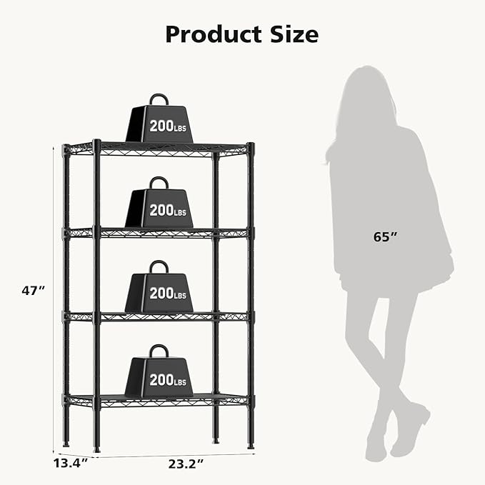 DUMOS 4-Tier Metal Wire Storage Shelves, Adjustable Standing Storage Rack Shelf, Heavy Duty Steel Shelving Unit Organizers for Kitchen Bathroom Pantry Garage, 23.3" W×13.4" D×47" H, Black