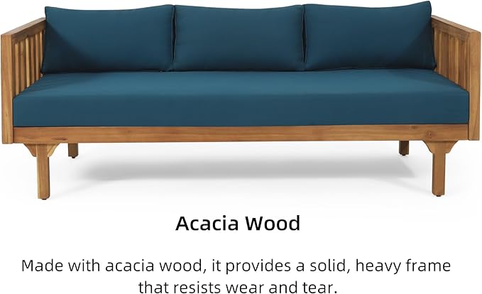 Merax Outdoor 3 Seater Daybed, Acacia Wood Day Bed Couch Sofa with Cushions for Patio Backyard, Garden, Blue
