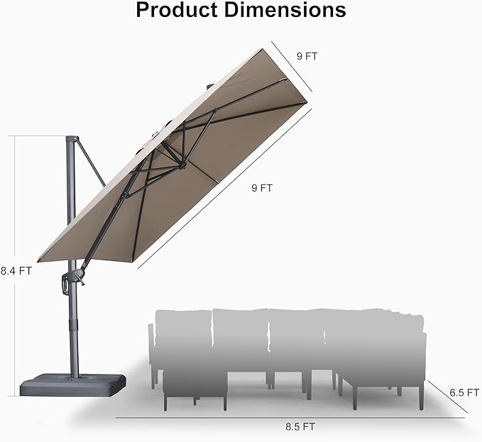 PURPLE LEAF Patio Umbrella 9' X 9' Rectangle Cantilever Umbrella Large Aluminum Outdoor Umbrellas with 360-degree Rotation & UPF40+ Premium Fabric for Deck Pool Garden Yard, Ash Mocha