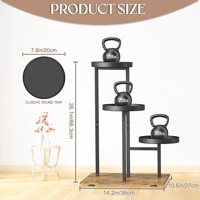 iDavosic.ly 3 Tier Plant Stand Indoor, Tiered Corner Flower Holder Shelf Outdoor, Metal Tall Orchid Display Rack for Patio Porch Garden Balcony Office Living Room, Modern Black & Rustic Brown