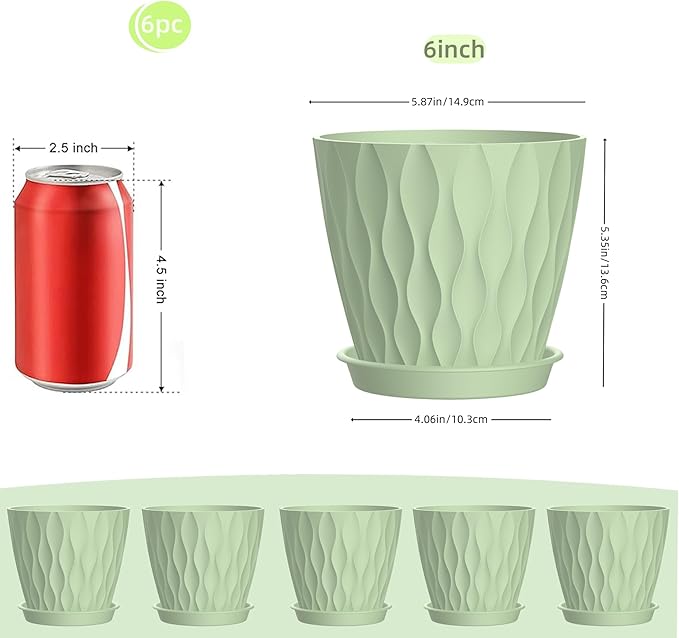 6 Inch Plant Pots, 6 Pack Indoor Flower Pots, Planters with Drainage Holes and Trays for Orchids, Violets, Succulents, Herbs, and Other Plants,Green