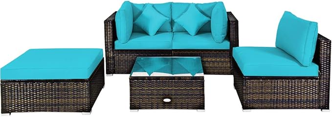 Tangkula 5 Pieces Patio Rattan Furniture Set, Outdoor Sectional Rattan Sofa Set with Back & Seat Cushions, Wicker Conversation Set with Tempered Glass Table for Backyard Porch Poolside (Turquoise)