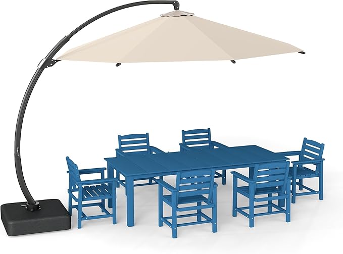 7-Piece Navy Blue Outdoor Dining Set with Beige 11FT Large Patio Umbrella, 75.2'' HDPE Table & Chairs for 6, Weather-Resistant Furniture with Umbrella Hole for Patio, Lawn, Poolside