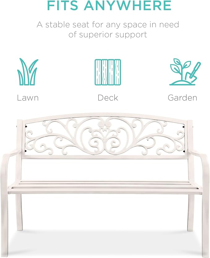 Best Choice Products Outdoor Bench Steel Garden Patio Porch Furniture for Lawn, Park, Deck w/Floral Design Backrest, Slatted Seat - White