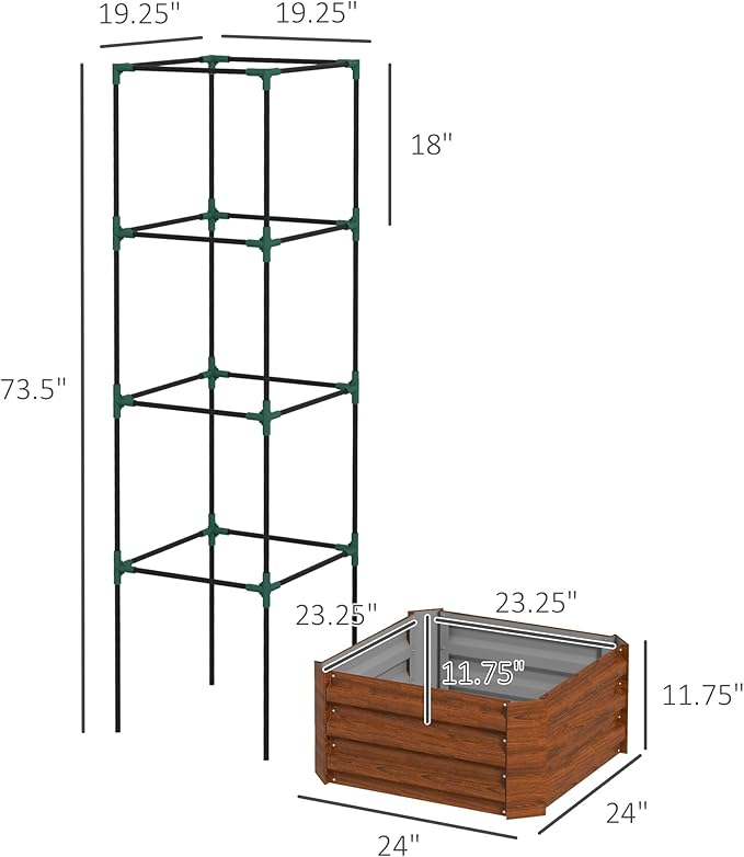 Outsunny Galvanized Raised Garden Bed, 73.5" Outdoor Planter Box with Trellis Tomato Cage and Open Bottom for Climbing Vines, Vegetables, Flowers in Backyard, Garden, Patio, Brown