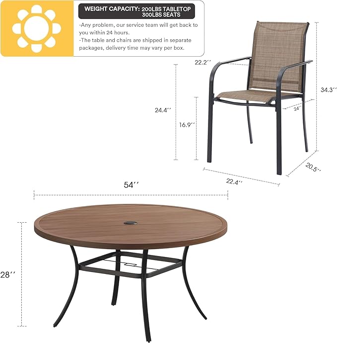 VICLLAX Patio Dining Set for 8, Outdoor Furniture Set Includes 53" Round Patio Table and 8 Patio Sling Chairs, Walnut Wood-Like Tabletop and Brown Fabric