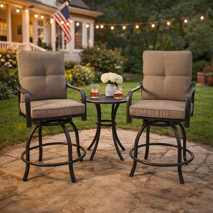 Kozyard Isabella Outdoor Swivel Bar Chairs, Counter Height Patio Bar Stools Set of 2 with Cushioned Seats, All-Weather Metal Bistro Chairs for Backyard Dining Beige