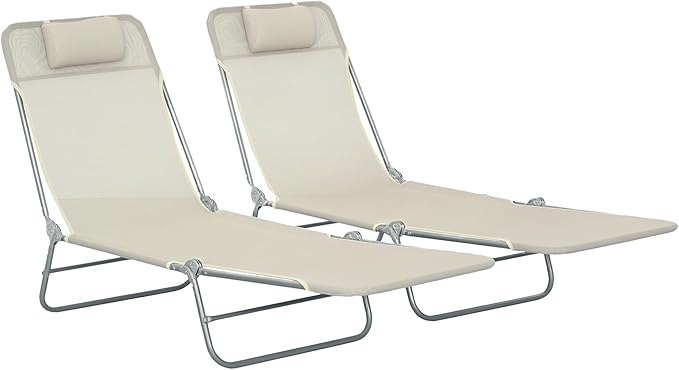 Outsunny 2 Piece Folding Chaise Lounge Chairs, Pool Sun Tanning Chairs with Reclining Back, Breathable Mesh Seat, Headrest for Beach, Yard, Patio, Cream White