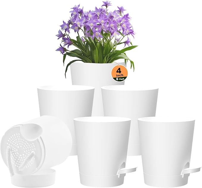 Self Watering Pots, 4 inch Flower Pots with Multi Mesh Drainage Holes, Small Platic Planters for Indoor Outdoor Garden Plants and Flowers (White, 4")
