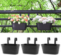 3 Pack Metal Railing Planters, 10.5" Oval Hanging Flower Pots with Detachable Hooks & Drainage Holes, Fits Rails up to 2.36", Galvanized Iron Fence Bucket for Balcony Garden Patio - Black