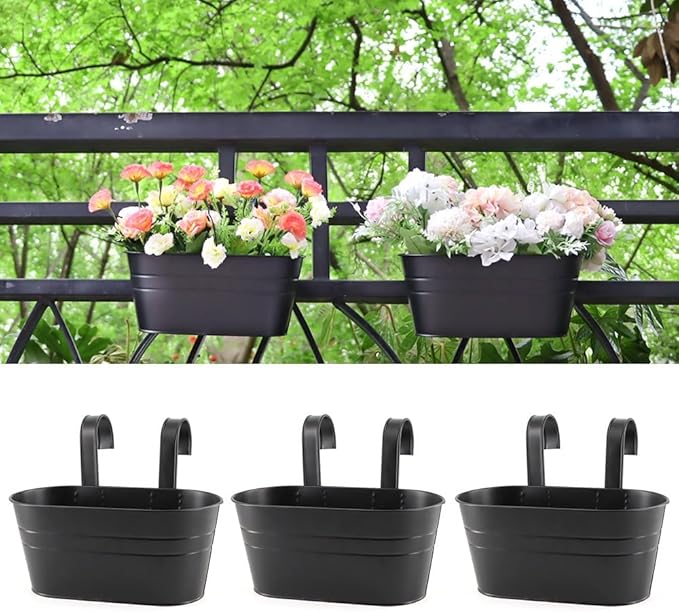 3 Pack Metal Railing Planters, 10.5" Oval Hanging Flower Pots with Detachable Hooks & Drainage Holes, Fits Rails up to 2.36", Galvanized Iron Fence Bucket for Balcony Garden Patio - Black