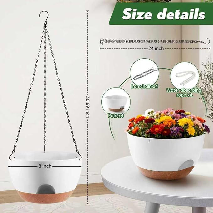 4-Piece Set of 8-Inch Hanging Planters with Automatic Watering System and Drip Tray, Includes Metal Chain, Suitable for Various Indoor and Outdoor Plants and Flowers, White Brown