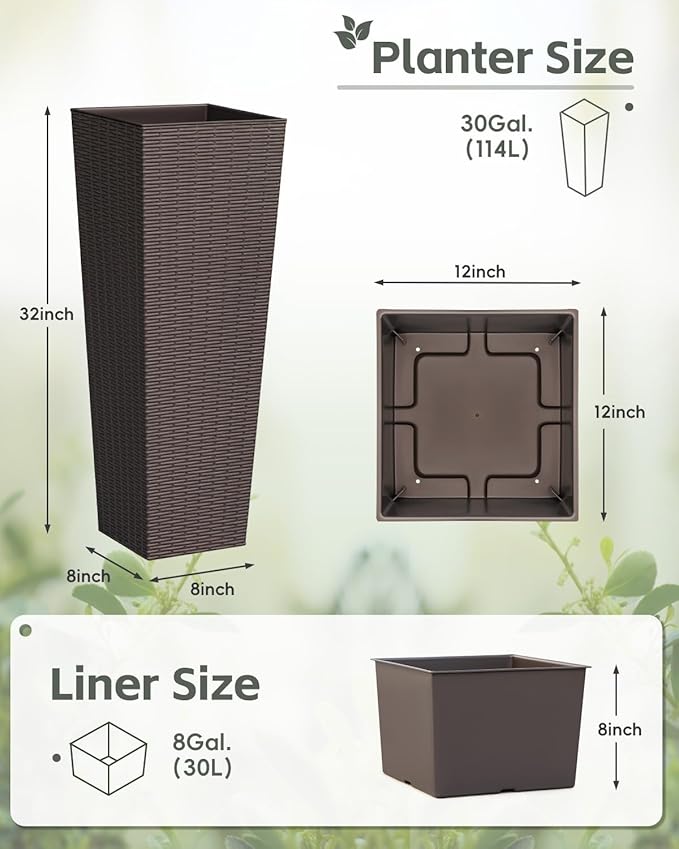 Greesum 32 Inch Tall Plastic Planters(Set of 2), Detachable Inner Pot & Drainage Holes, Outdoor Decorative Flower Pots for Large Plants, Trees, Patio, and Garden, Brown
