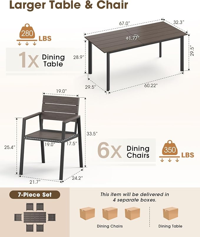 Outdoor Dining Set for 6, Aluminum Patio HDPS Outdooor Table and Chairs Set with Umbrella Hole, All Weather Patio Furniture Set, 7 Peice Patio Dining Table Set (Charcoal)