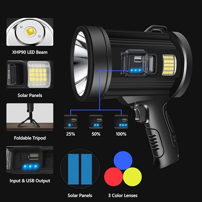 Spotlight 1000000 Lumens, 6 Modes Led Rechargeable Spotlight Flashlight As Seen on TV with Tripod, 3 Color Filters, Super Bright Solar Spot Lights Outdoor Handheld for Hunting, Boating, Large