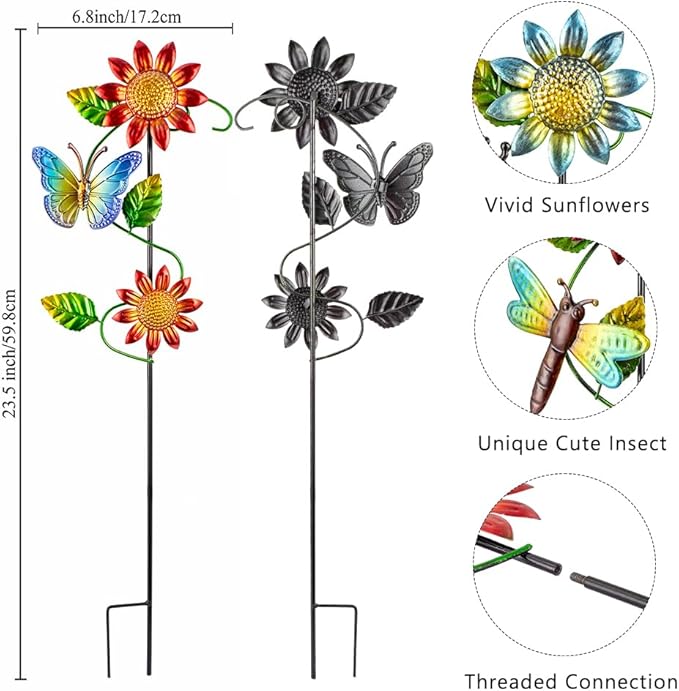 3 Pcs Sunflower＆Butterly＆Ladybug＆Dragonfly Decorative Garden Stakes,23.5 in Metal Sunflower Yard Art for Outside Decor,Spring Outdoor Decor for Mom,Women,Grandma