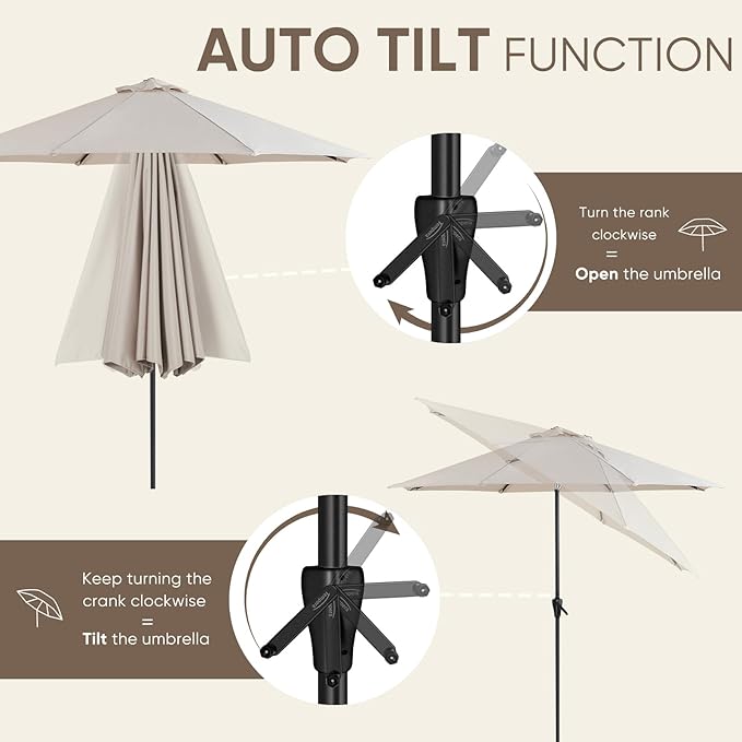 Tempera Patio Market Outdoor Table Umbrella with Auto Tilt and Crank, Large Sun Umbrella with Sturdy Pole & Fade Resistant Canopy, Easy to Set